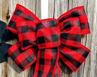 Handmade Wired Ribbon Bow, Buffalo Plaid Ribbon Bow, Holiday Wreath Bow