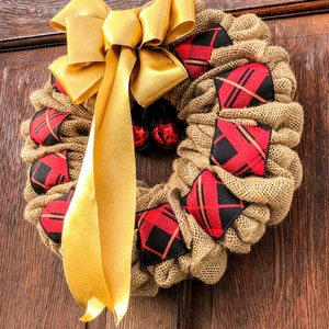 Burlap Christmas Wreath with Bells, Cottagecore Holiday Decor for Outside, Winter Wreath for Double Door, Plaid Door Hanger with Gold Bow image 10