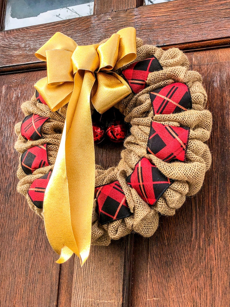 Burlap Christmas Wreath with Bells, Cottagecore Holiday Decor for Outside, Winter Wreath for Double Door, Plaid Door Hanger with Gold Bow image 10