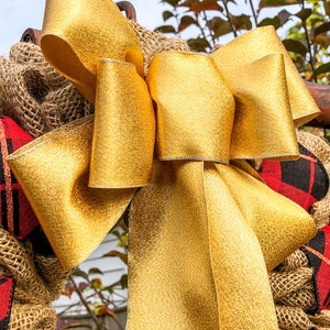 Burlap Christmas Wreath with Bells, Cottagecore Holiday Decor for Outside, Winter Wreath for Double Door, Plaid Door Hanger with Gold Bow image 8