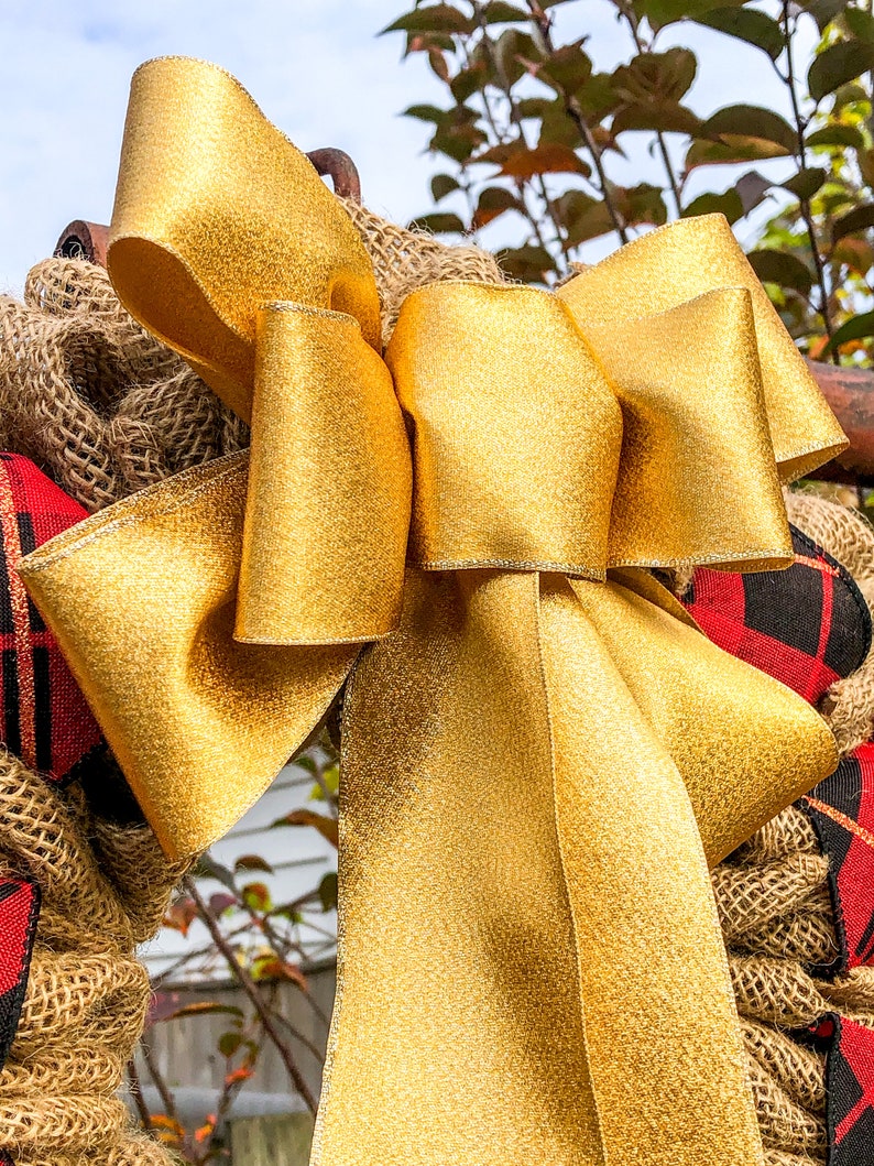 Burlap Christmas Wreath with Bells, Cottagecore Holiday Decor for Outside, Winter Wreath for Double Door, Plaid Door Hanger with Gold Bow image 8