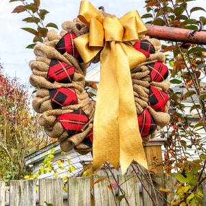 Burlap Christmas Wreath with Bells, Cottagecore Holiday Decor for Outside, Winter Wreath for Double Door, Plaid Door Hanger with Gold Bow image 7