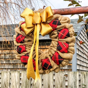 Burlap Christmas Wreath with Bells, Cottagecore Holiday Decor for Outside, Winter Wreath for Double Door, Plaid Door Hanger with Gold Bow image 6