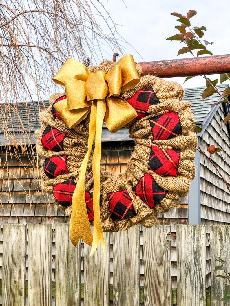 Burlap Christmas Wreath with Bells, Cottagecore Holiday Decor for Outside, Winter Wreath for Double Door, Plaid Door Hanger with Gold Bow image 6