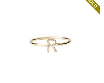 14k Gold Initial Ring with Swarovski - Gold Letter Ring