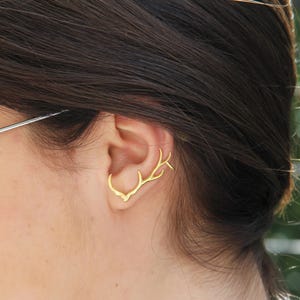 Silver Antler Ear Cuff - Silver Horn Ear Cuff - Deer Antler Earrings - Dainty Antler Studs - Elk Studs