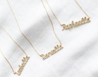 14k Gold Filled Pave Name Necklace - Diamond Letter Necklace - Diamond Name Necklace - Crystal Personalized Name Necklace