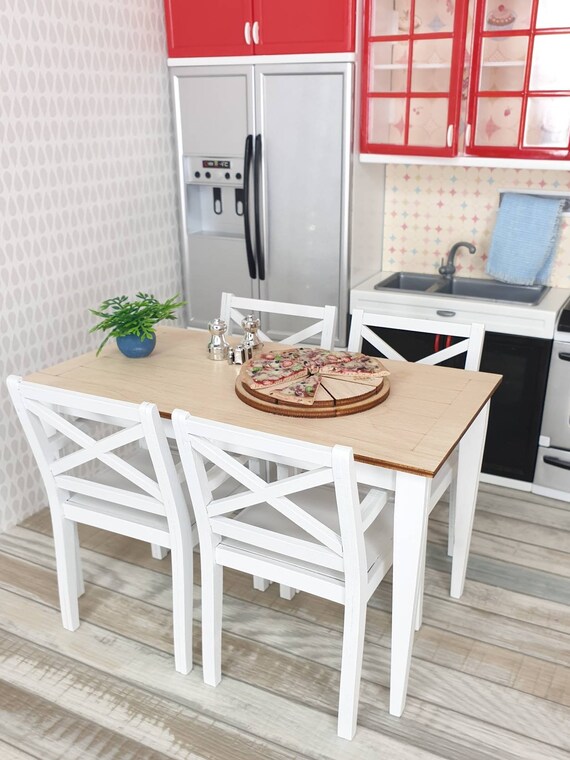 Miniature furniture set: dining table + 4 chairs, 1/6 doll kitchen, doll furniture, BJD roombox, dollhouse table, Barbie, Blythe, DIY kit