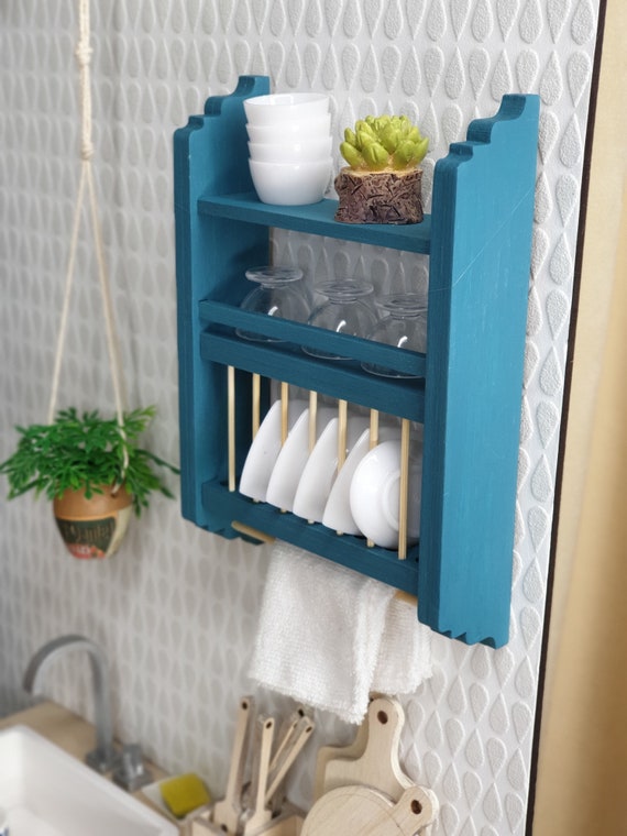 Miniature dish drying shelf, 1/6, Barbie, Blythe, BJD, doll furniture, modern dollhouse, doll dish drying rack, roombox, diorama, DIY kit