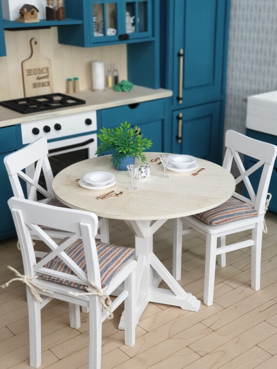 Miniature furniture set: dining table + 3 chairs, 1/6 doll kitchen, doll furniture, BJD roombox, dollhouse table, Barbie, Blythe, DIY kit