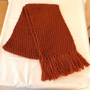 May include: A rust-colored, hand-knitted scarf with a textured pattern and fringe detailing. The scarf is folded and lies on a white surface. The fringe is at the bottom of the scarf.