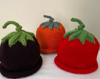 Baby Veggie Hats 3 to 6 Months, hand knit