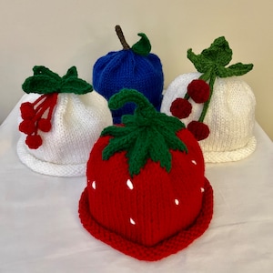 Baby Cherry and Berry Hats, 3 to 6 months, hand knit