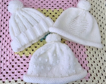 White Baby Hats, 3 to 6 months, classic white, hand knit