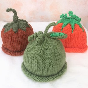 Baby Veggie Hats 1 to 3 Months, Hand Knit, Peapods, Carrot, Pumpkin
