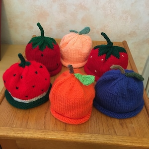 Baby Fruit & Veggie Hats 3-6 months, hand knitted