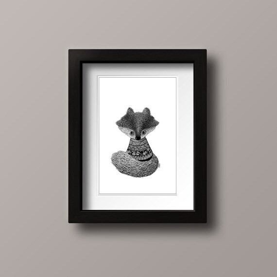 Fox Black And White Print Nursery Decor Illustration Cute Fox Gift Idea Christmas Gift
