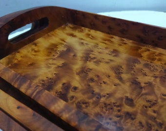 Juego de 3 bandejas de madera hechas de madera de Thuya Burl, bandeja decorativa grande para mesa de casa, bandeja de mesa de centro