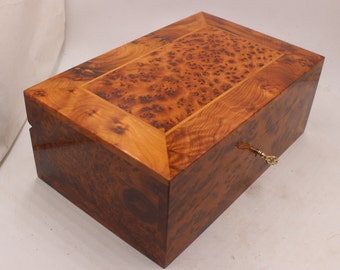 Hand-Crafted Wooden Jewelry Box Made of Thuya Burl With Two Storage Level, Women Jewelry Box, Watch Box For Men, Decorative Lockable Box