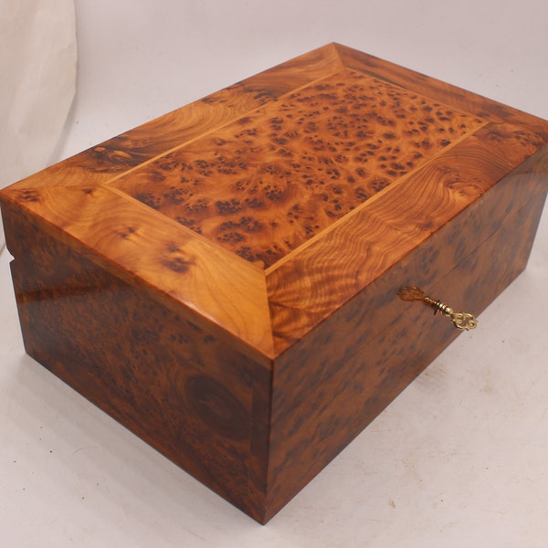 Hand-Crafted Wooden Jewelry Box Made of Thuya Burl With Two Storage Level, Women Jewelry Box, Watch Box For Men, Decorative Lockable Box