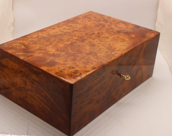 Big Wooden Jewelry Box Made Of Burl Wood,Large Jewelry Box Hand-Crafted From Thuja Burl,Chest With Two Storage Level,Decorative Lock Box