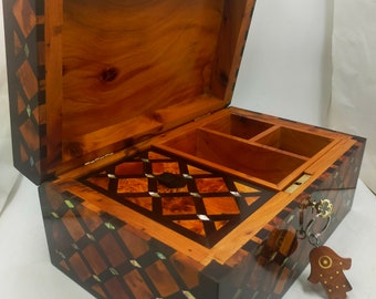 Big Hand-Crafted Wooden Jewelry Box Made of Thuya Wood And Inlaid With Mother Of Pearl,Decorative Lockable Box With Two Storage Level