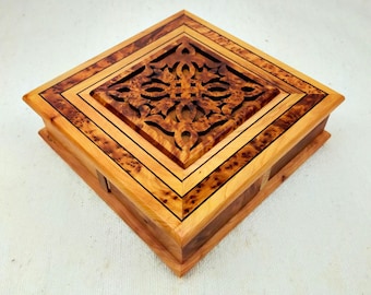 Handmade Secret Opening Wooden Jewelry Box,Unique Trinket Box,Burl Puzzle Lock Box,Large Jewelry Box,Secret Compartment Box,Decorative Box