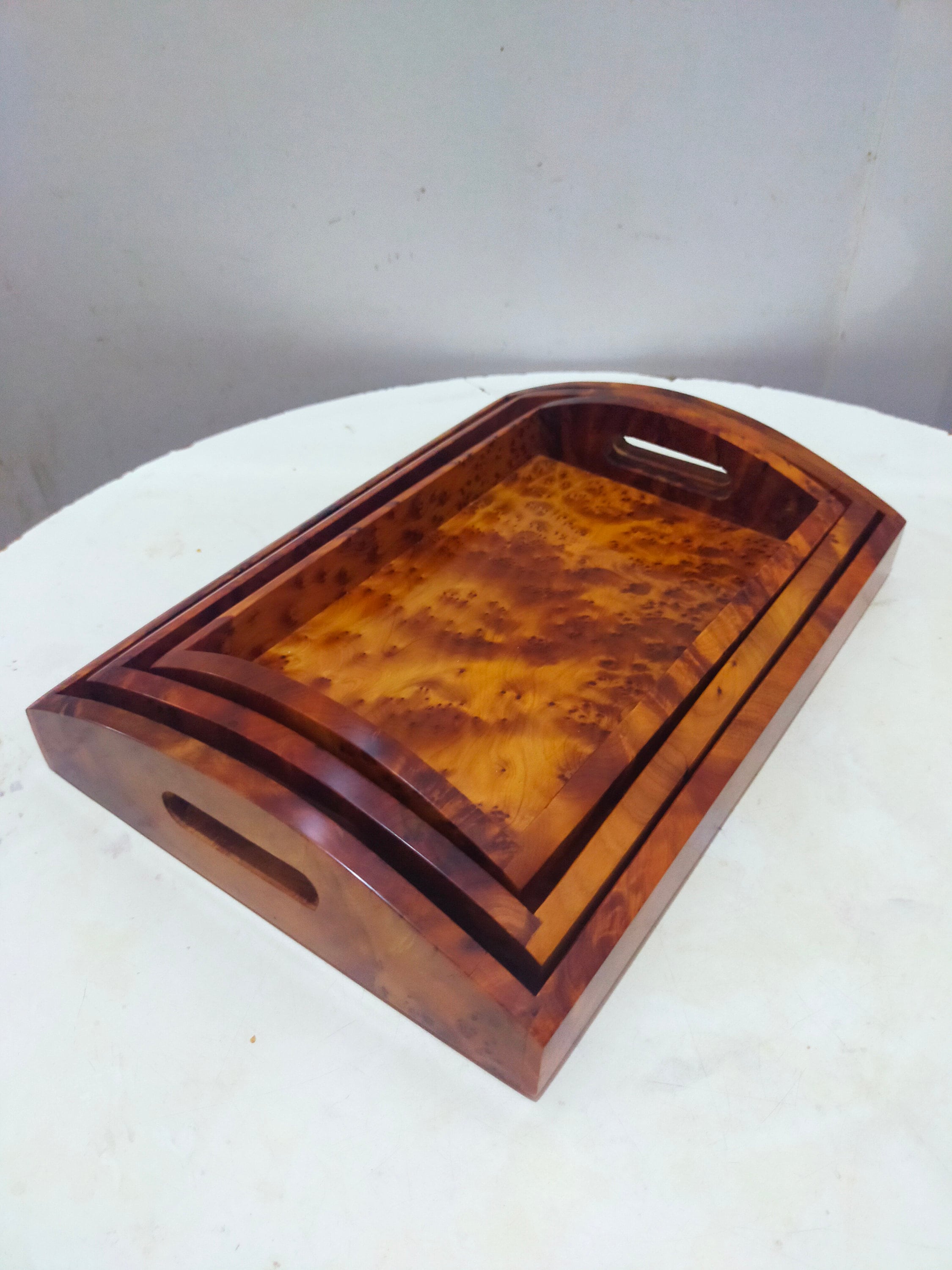 Set of 3 Wooden Trays Made From Thuya Burl Wood, Large Decorative Tray for Home Table, Coffee Table Tray