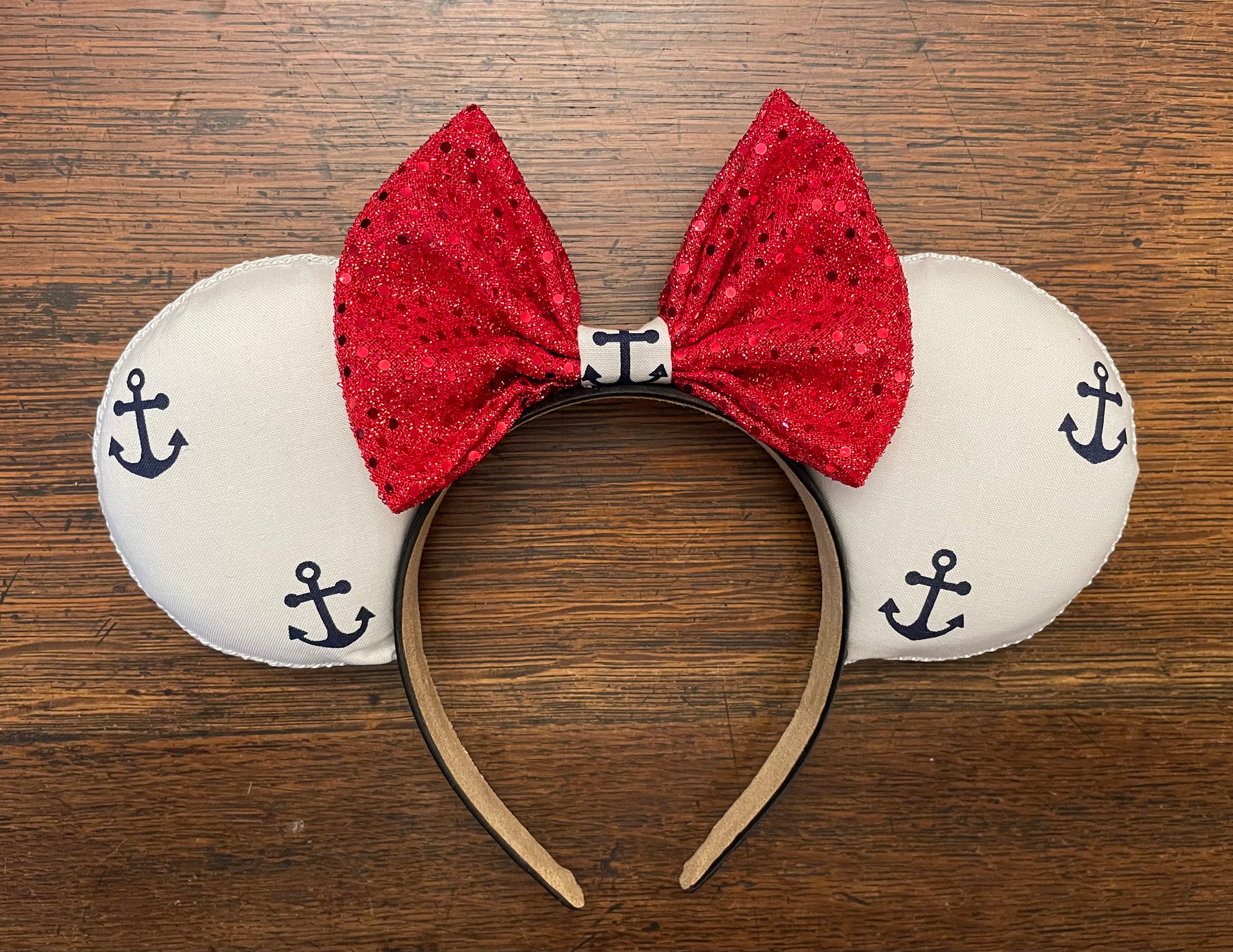 Handmade Anchor Minnie Mouse Ears Headband Red Minnie Mouse Ears: Nautical Anchor Bow, Cruise Headband  main image 2