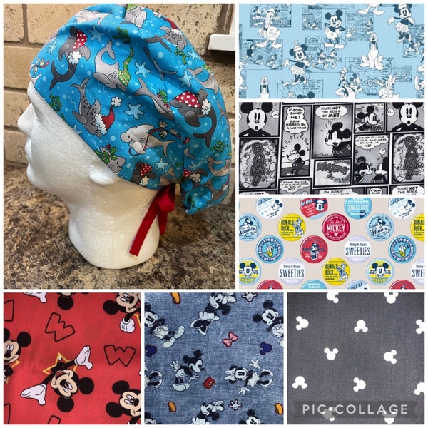 Woman’s Gathered Back Medical Surgical Scrub Hat Cap Mickey Mouse Minnie Mouse Disney comics badges Donald Duck