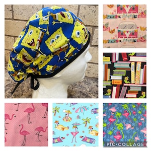 Womens adjustable gathered back scrub hat Flamingo beach books VW Bus