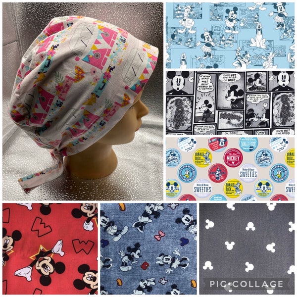 Woman’s Pixie tie Back Medical Surgical Scrub Cap Hat Mickey Mouse Minnie Mouse Disney comics badges Donald Duck