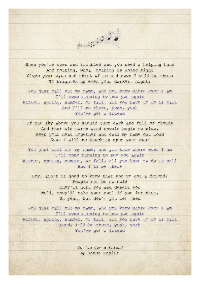 James Taylor Song Lyric Art You Ve Got A Friend Print Poster Entertainment Memorabilia Music Memorabilia James Taylor Song Lyric Art You Ve Got A Friend Print Poster Entertainment Memorabilia Music Memorabilia