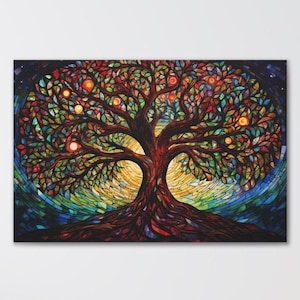 Abstract Colorful Tree of Life, Stained Glass Effect, Tree Yggdrasil Canvas Art Print, Vibrant Tree of Life Wall Art, Yggdrasil Painting