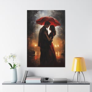 Romantic Rainy Night Canvas Art Print, Couple Under a Red Umbrella in a Glowing City Street, Rain Warmth Evening, Cozy Wall Art Décor