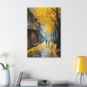 City Street with Yellow Trees Canvas Art Print, Night Wall Art for Warm Elegant Interiors, Fall Art Print, Autumn Cityscape, Rainy Evening