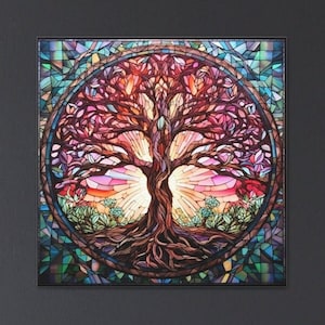 Vibrant Tree of Life Wall Art, Large Mandala Canvas Print, Yggdrasil Stained Glass Canvas, Mystical Tree Painting, Norse Mythology Wall Art