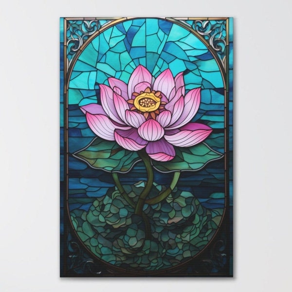 Lotus Flower Canvas Art Print, Lotus Flower Stained Glass Effect, Lotus Flower Painting, Zen Buddhism Artwork, Buddhist Art, Floral Wall Art