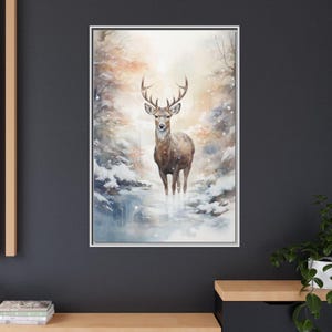 Winter Deer Canvas Print: Snowy Forest, Vintage Christmas Art