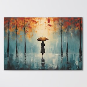 Autumn Rain Canvas Art Print: Woman with Umbrella, Abstract Painting