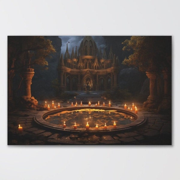 Altar with Candles Canvas Art Print, Night Castle Painting, Magic Ritual, Dark Landscape Wall Art, Magic Circle in Candlelight, Old Castle