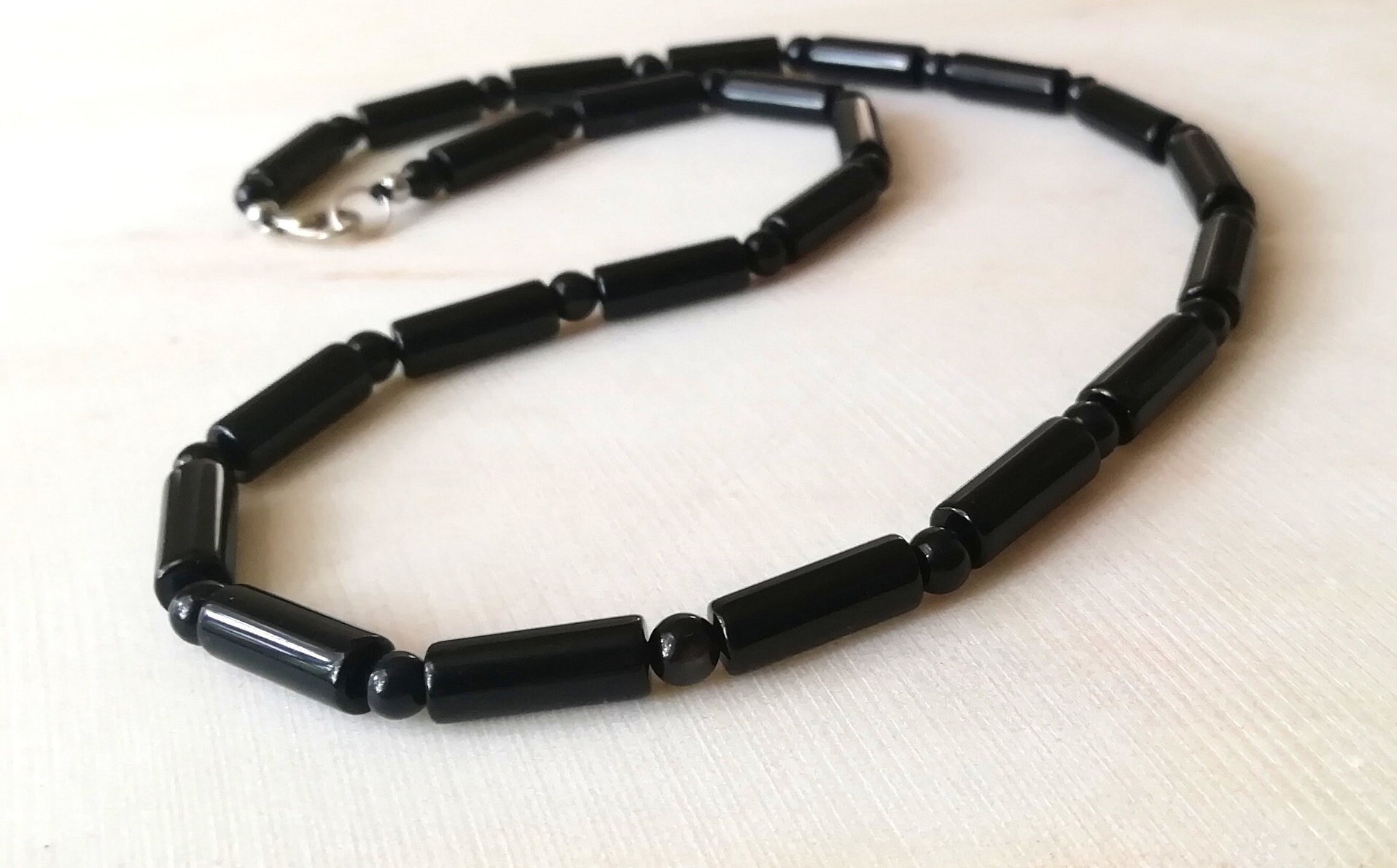 Black Onyx Mens Beaded Necklace Choker Silver Hematite Onyx Jewelry for Men Black Stone Silver Men Surfer Necklace Gemstone Jewelry Mens