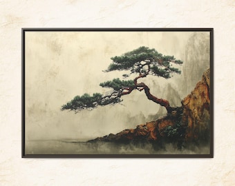 Bonsai Pine Landscape Matte Canvas Japanese Tree  Minimalist Coastal Landscape Print Wall Art