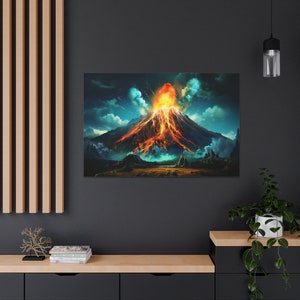 Volcano Erupting with Smoke Canvas Art Print, Volcano Flow, Volcano Canvas Print, Volcanic Mountain Wall Art, Volcano Lava, Smoky Volcano
