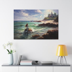 Mermaid on a Rock Canvas Art Print, Mystical Mermaid, Seashore Mermaid Sirene Canvas, Mermaid Wall Art Decor, Mermaid Siren Art, Sea Beauty