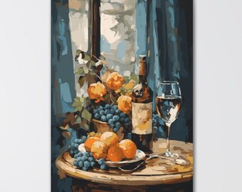 Vintage Kitchen Still Life Canvas Art Print, Wine and Fruit Still Life Painting, Classic Still Life Wall Art, Wine and Fruit on the Table