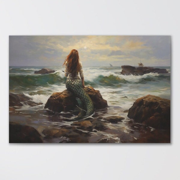 Mermaid on a Seaside Rock Canvas Art Print, Seashore Mermaid Canvas, Mermaid Wall Art Decor, Mystical Beauty Mermaid, Graceful Mermaid's