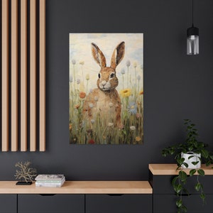 Hare in Flower Meadow Canvas Art Print: Vintage Wild Animal Portrait