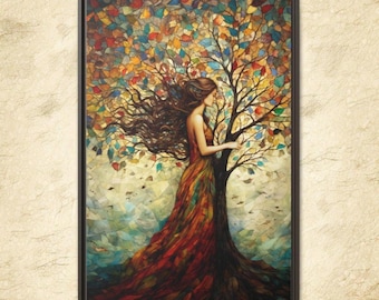 Vibrant Female Tree of Life Canvas Art Print, Mother Nature in Style Mosaic Painting, Colorful Women&#39;s Tree Wall Art, Pagan Goddess Painting
