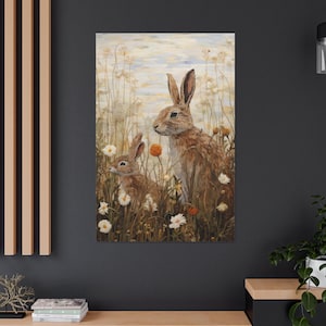 Hares in Flower Meadow Canvas Art Print: Pastel Wildlife Painting